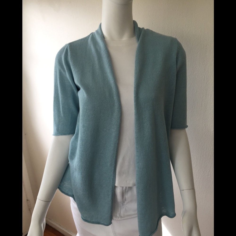 Eileen Fisher seafoam linen short sleeve open cardigan